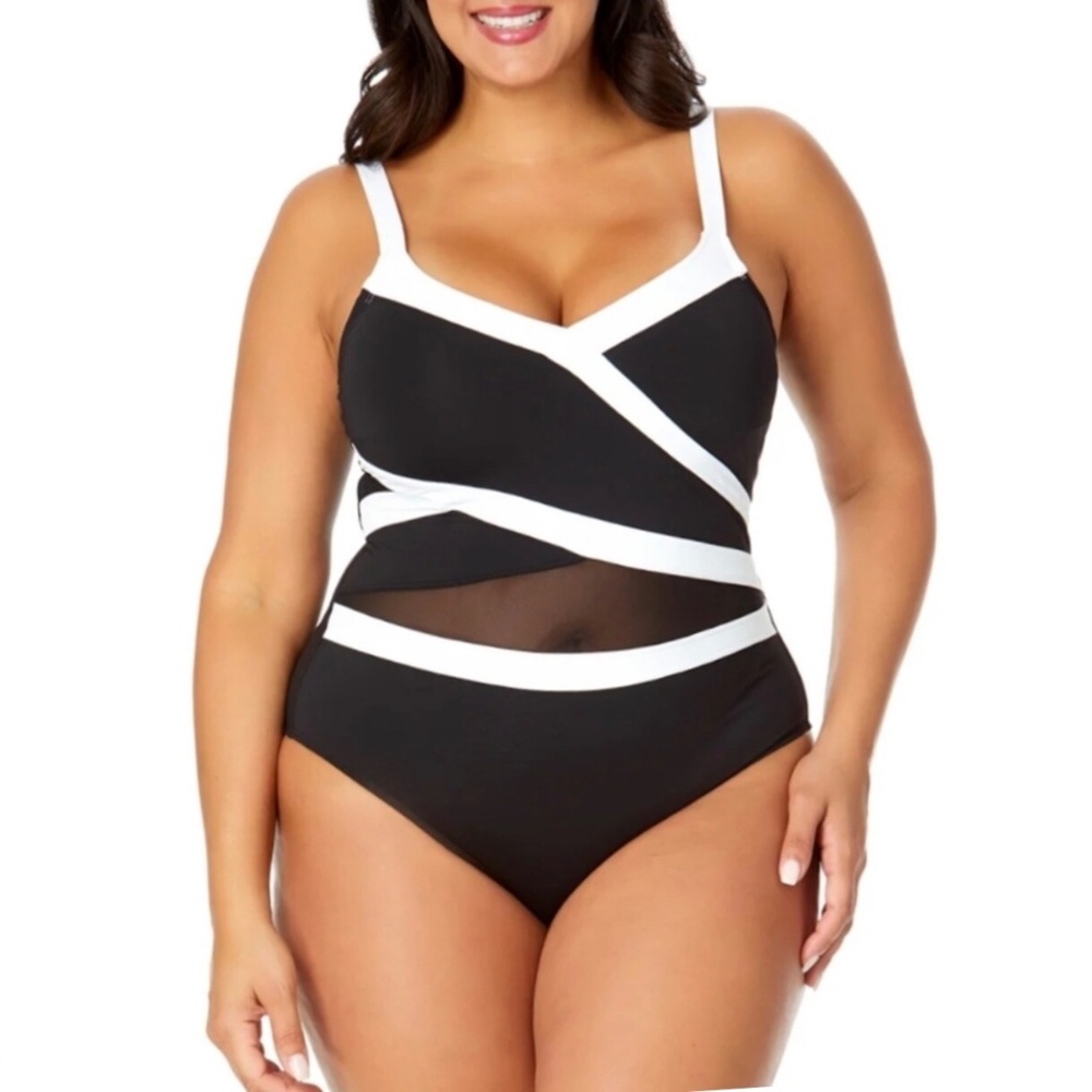 $122 Anne Cole Black White One Piece Swimsuit Plus Size 22W New